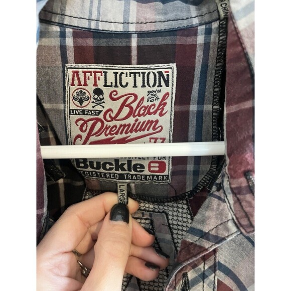 Affliction Black Premium Men’s L Long Sleeve Plaid Shirt Button Up Motorcycle - Picture 2 of 4